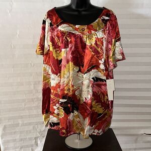 Fred David Women's 3XL Floral Blouse Scoop Neck Short Sleeve Top Plus Size